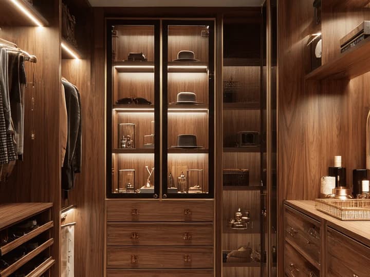 Walnut closet with lit display cabinets