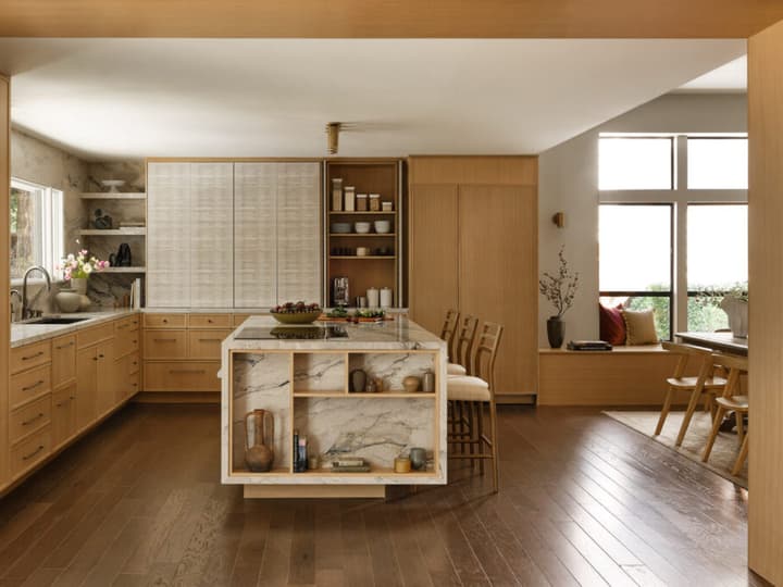 White oak kitchen with a marble island